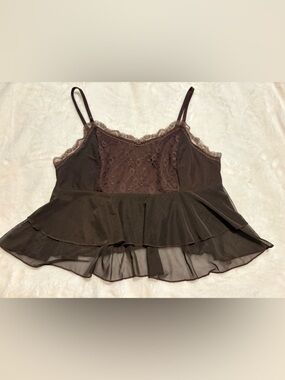 Lace Ruffle Cami chocolate brown Y2K Fairycore Coquette Mesh Top Soft Grunge 1X